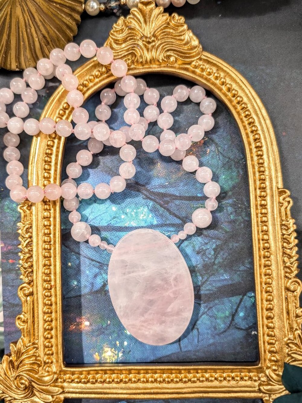 Vintage Rose Quartz Beaded Necklace with Large Rose Quartz Pendant Estate